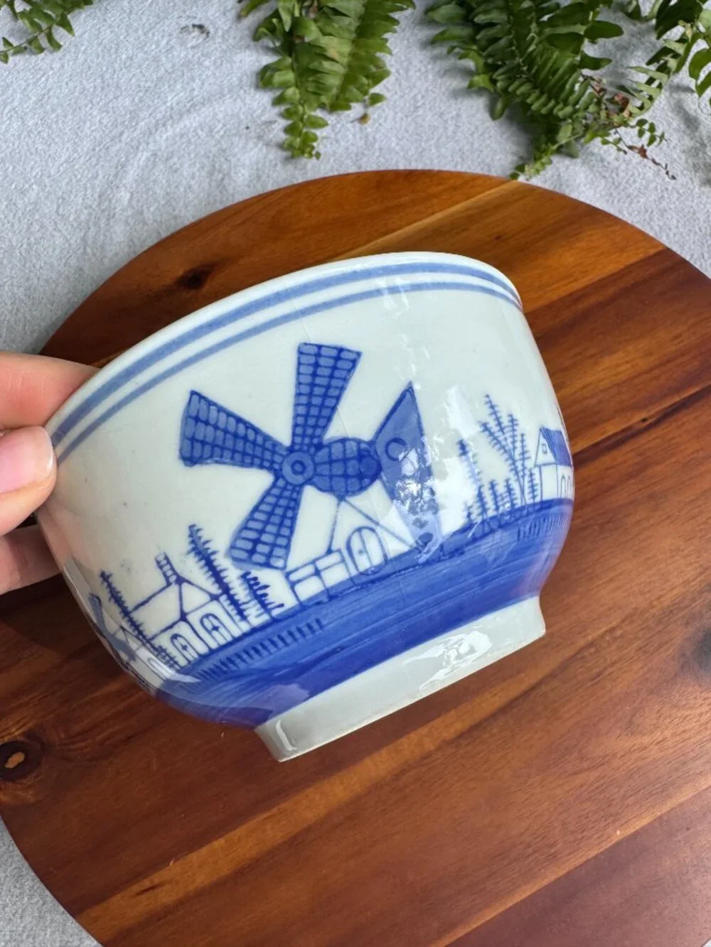 Vintage Delft Blue and White Windmill and Ship Ceramic Bowl
